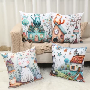 4pcs Naughty Kitten Pillowcase Cartoon House And Cat Pillowcase Home Decorative Pillowcase Porch Terrace Living Room Sofa Decor
