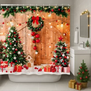 Christmas Themed Shower Curtain Set with 12 Hooks Dwarf Doll Christmas Tree New Year Washable Home Bath Curtain Bathroom Decor